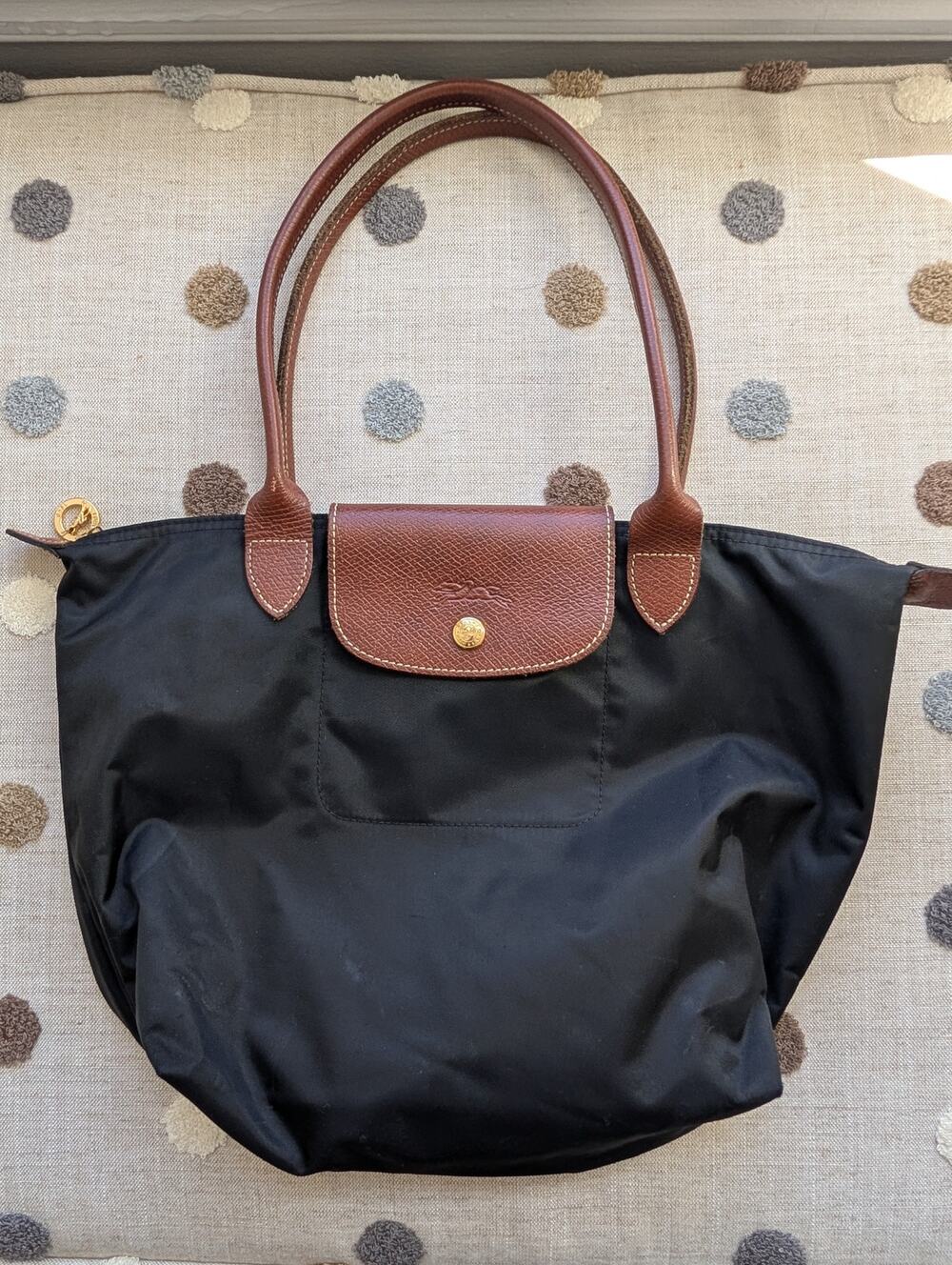 Longchamp Black Nylon Tote with Brown Leather Trim